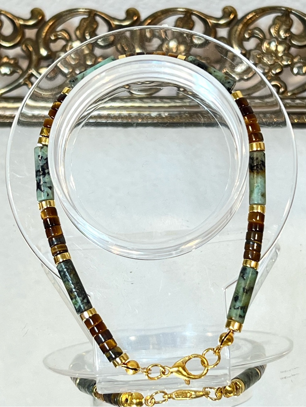 NEW Gold Tone, Natural Turquoise & Tiger’s Eye Beaded Stretch Bracelet